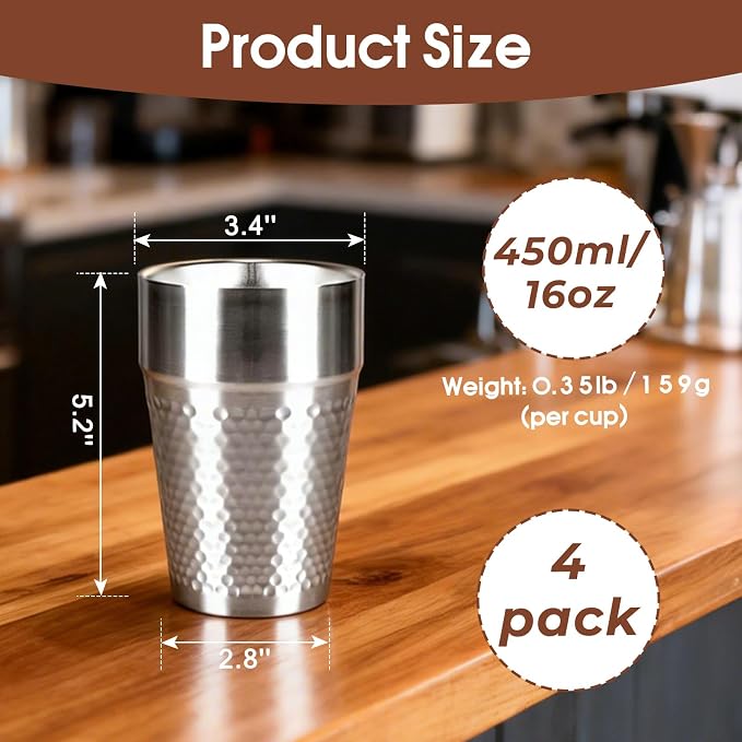 4Pack Stainless Steel Cups, 16oz 450ml Double Wall Drinking Glasses | Reusable - Image 3