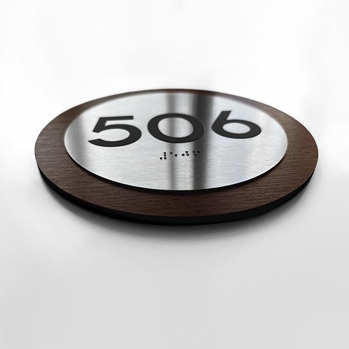 Bsign Round Door Number Sign - Wood Stainless Steel Plate - Custom Door Plates