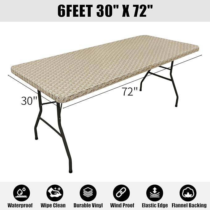 Smiry Rectangle Table Cloth Cover, Waterproof Elastic Fitted Picnic Tablecloth for 6 Foot Tables, Wipeable Flannel Backed Vinyl Tablecloths for Camping, Dining, Outdoor (Sand, 30" x 72")