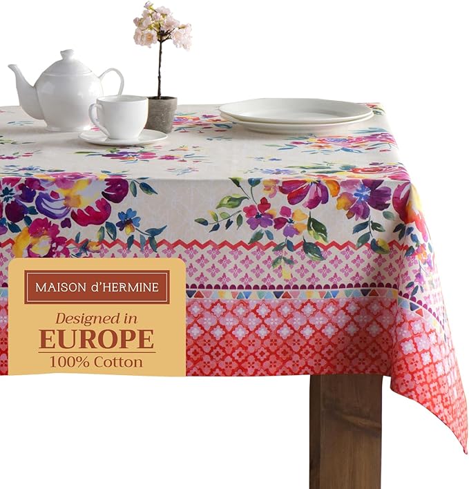 Maison d' Hermine Table Cloth Rectangle Table 100% Cotton 70 x 90 Inches Tablecloth Reusable Decorative for Dining Room Farmhouse Home Valentines Day Decorations Spring Summer - Rose Garden