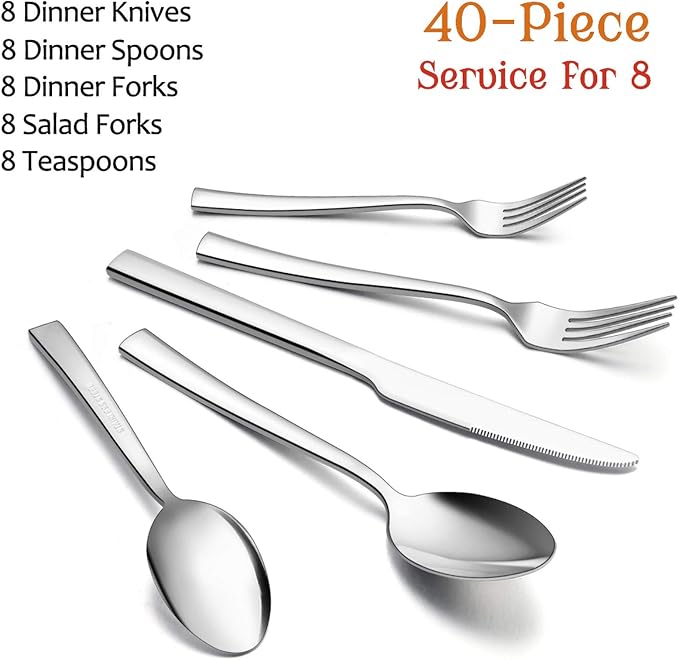 40-Piece Silverware Set, E-far Stainless Steel Flatware Set Service - Image 2