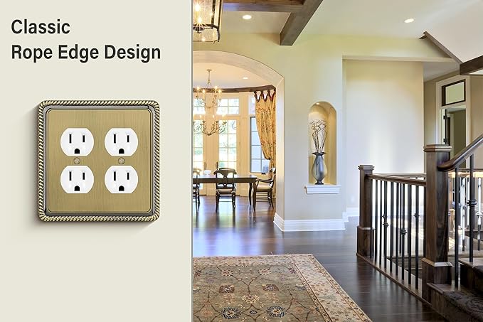 Henne Bery Rope Edge Decorative Wall Plate Switch Plate Outlet Cover (Double Duplex, Antique Brass)