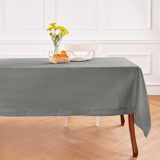 Solino Home Linen Tablecloth 60 x 108 Inch - Classic Hemstitch 100% Pure Linen Steel Gray Table Cloth for Rectangle Tables - Machine Washable Tablecloth for Spring