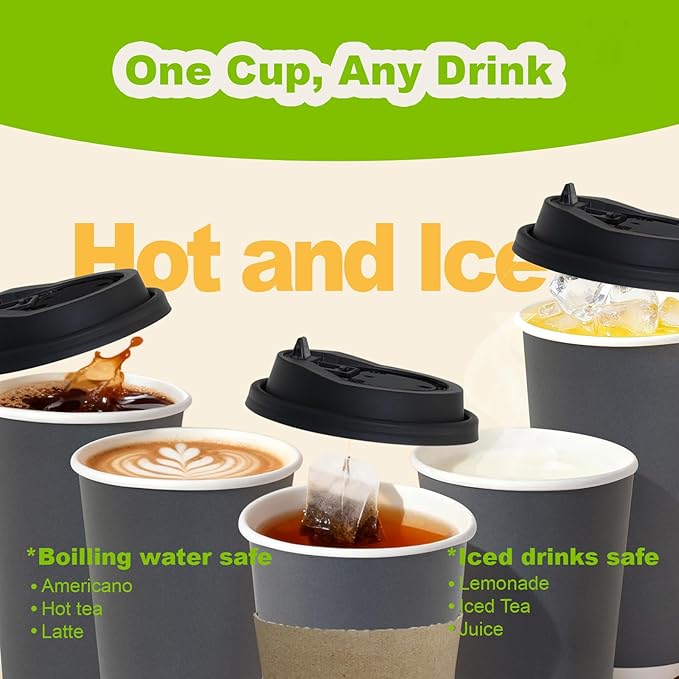 100 Pack 16 oz Disposable Coffee Cups with Lids and Sleeves, To Go Coffee Cups with Lids, Leak-Proof Hot Coffee Cups, PLA Gray Paper Coffee Cups for Hot Beverage