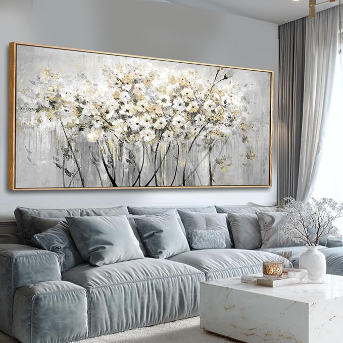 VAYIMDH White and Gold Canvas Wall Art Flower Photo Prints Vintage Wood Wall Decor 40"x86" Kitchen Artwork Pictures for Bedroom