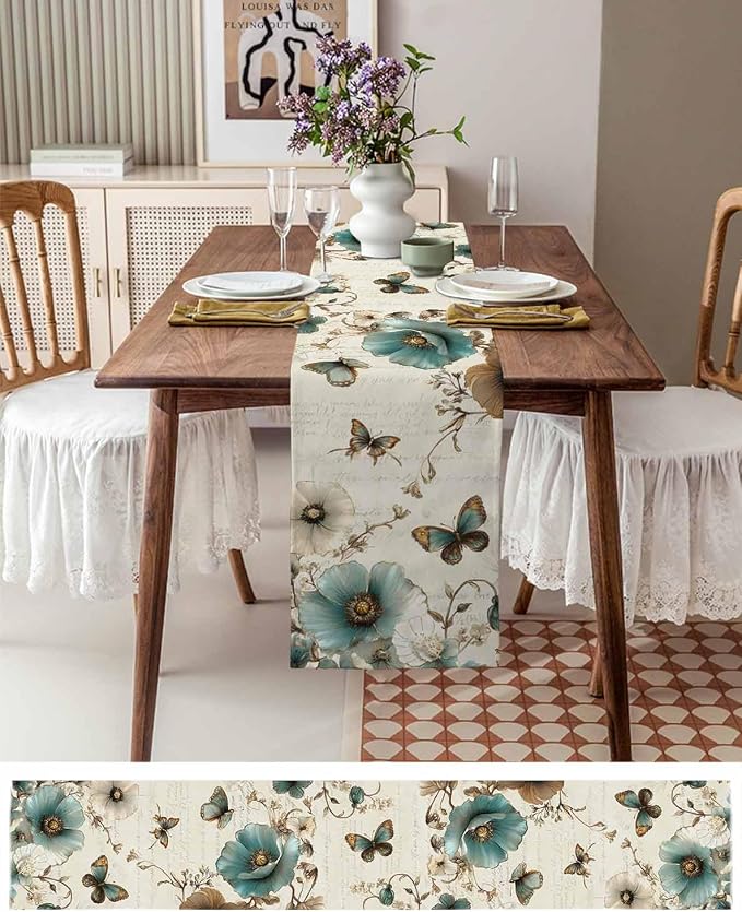 Turquoise Tulip Table Runners 70 Inches Long, Spring Vintage Botanical Table - Image 6