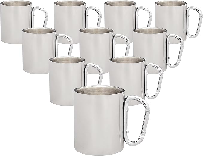 DISCOUNT PROMOS Stainless Steel Mugs with Carabiner Handle 10 oz. Set of 10, Bulk Pack - Perfect for Coffee, Soda, Other Hot & Cold Beverages - Silver