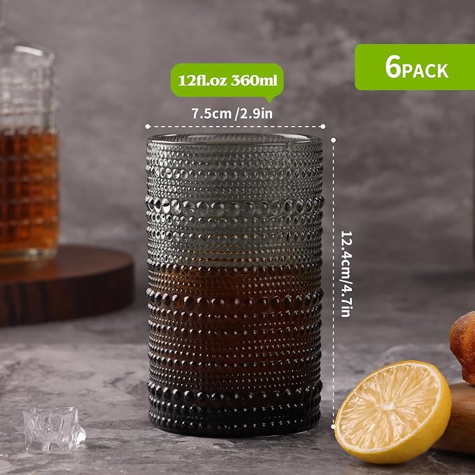Moretoes 12 Oz Gray Hobnail Drinking Glasses Set of 6 Water Glass Cups | - Image 3