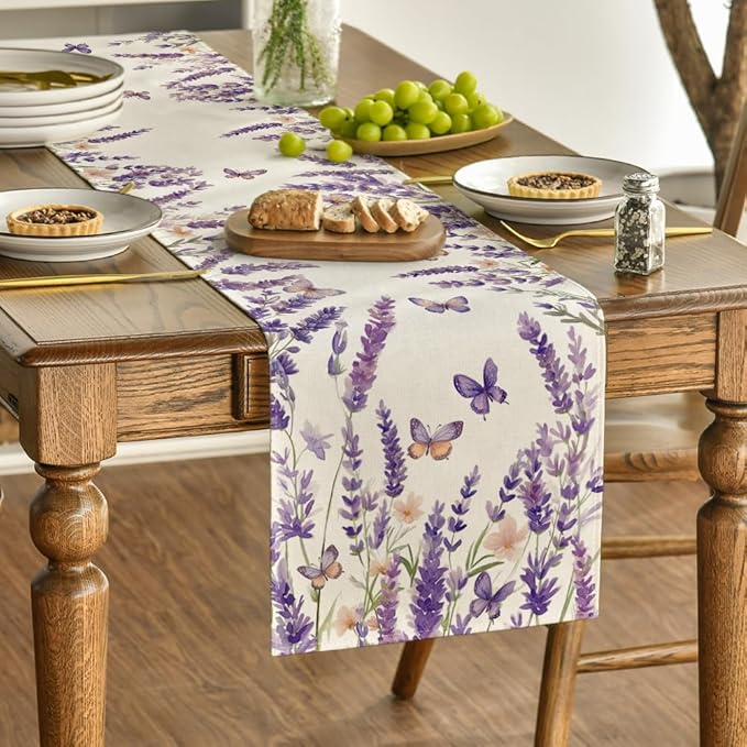 Artoid Mode Purple Lavender Floral Butterflies Spring Table Runner, Seasonal - Image 3