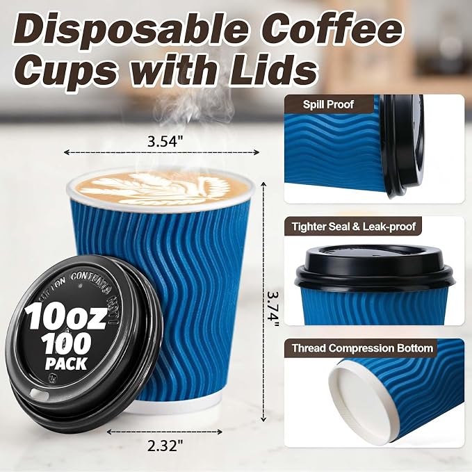 100 Pack 10 oz Insulated Disposable Paper Coffee Cups - Image 2