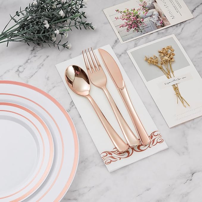 BESTVIP 700PCS Rose Gold Disposable Dinnerware Set for 100 Guests, Plastic Plates for Party, Wedding, Christmas, Include: 200 Plastic Plates, 100 Gold Silverware, 100 Cups, 100 Napkins