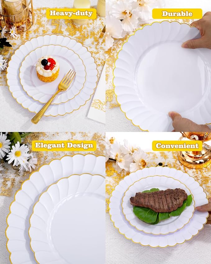 YOUBET 175PCS Gold Scalloped Plastic Plates - White and Gold Disposable Dinnerware Set Include 50 Plates, 75 Gold Silverware, 25 Cups, 25 Napkins for Party & Wedding