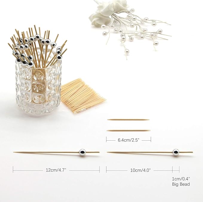 Minisland Silver Pearl Cocktail Picks, 4.7 Inch Long Bamboo Fancy Toothpicks for Appetizers, Decorative Christmas New Year Holiday Party Food Drink Garnish Fruit Kabob Skewer Sticks 100 Counts -MSL151