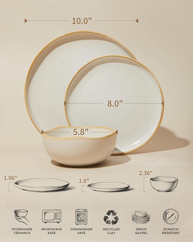 Ceramic Plates and Bowls Set, Everyday Dinnerware Set for 4, Wavy Rim Kitchen Dish Set, Chip Resistant Dishware Sets, Dishwasher Safe Dinner Set, Designed for Simple Meals, Yellow White