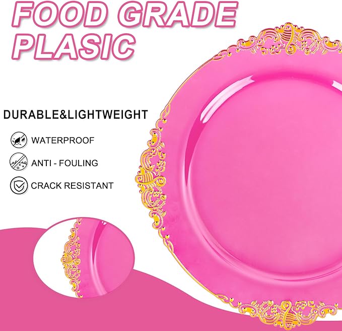 102PCS Clear Hot Pink Plastic Plates - Pink Disposable Plate with Gold Rim - Hot Pink Party Plates Include 51PCS 7.5inch Dessert & 10.25inch Dinner Plate for Wedding Birthday Valentine's Day