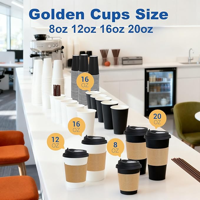 12 oz 100 Pack Coffee Cups with Lids and Sleeves, Straws, Hot Disposable To Go Travel Paper Cups Bulk for Office, Home Coffee Bar Accessories, Chocolate, Cocoa, Beverage (White)