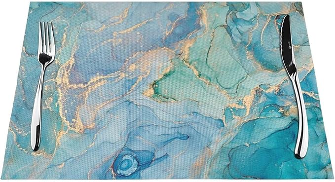 Teal Marble Placemats Set of 4 Turquoise Blue Gold Natural Luxury Abstract Fluid Wipeable Table Mats Reusable Washable PVC Rectangle Place Mats for Kitchen Dining Home Decor 12x18 Inches