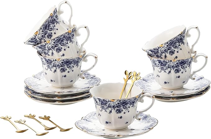 TATSUMI Country Roses Bone China Tea Cup and Saucer Set, 6 Pieces, Vintage Style by TATSUMI