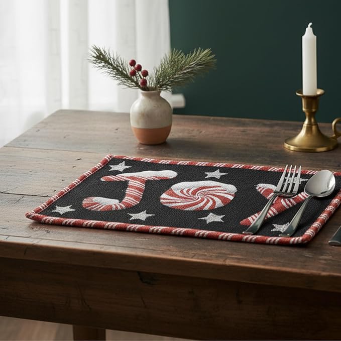 DaDa Bedding Starry Peppermint Joy Placemats - Set of 4 Festive Christmas Winter Holiday Tapestry - Red Black & White Cotton Linen Woven Yueltide Dining Table Mats - 13” x 19” (12904)