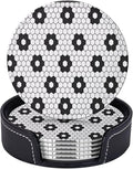 6 Pcs Black White Flower Hex Tile Print Floor Leather Coasters by Jfniub