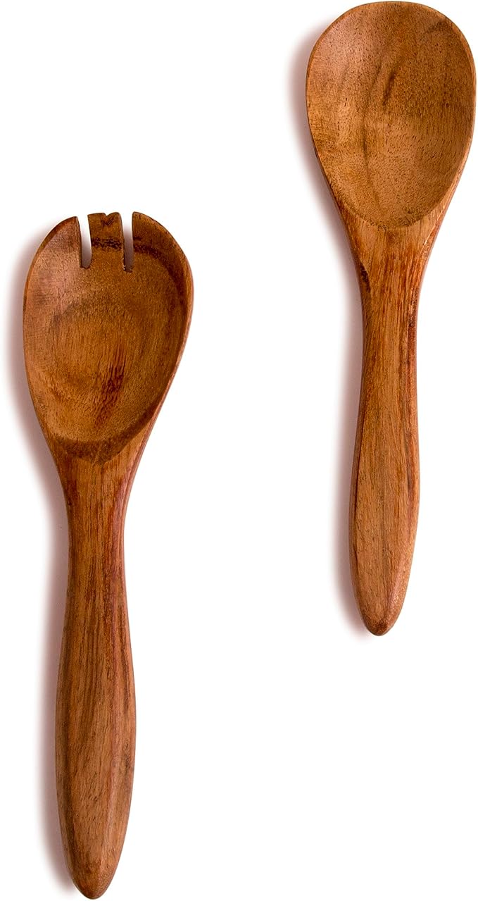 6 Inch Acacia Wood Salad Server Set Wooden Mixing Tongs Dinner Fork & Spoon - Image 9