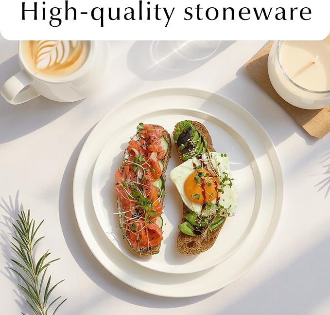 MIAMIO – Ceramic Dinner Plates Set for 4 People/Ceramic Dinnerware 4-Piece, Modern Stoneware, Dishwasher & Microwave Safe – Luxe Collection (White, 10 Inch)