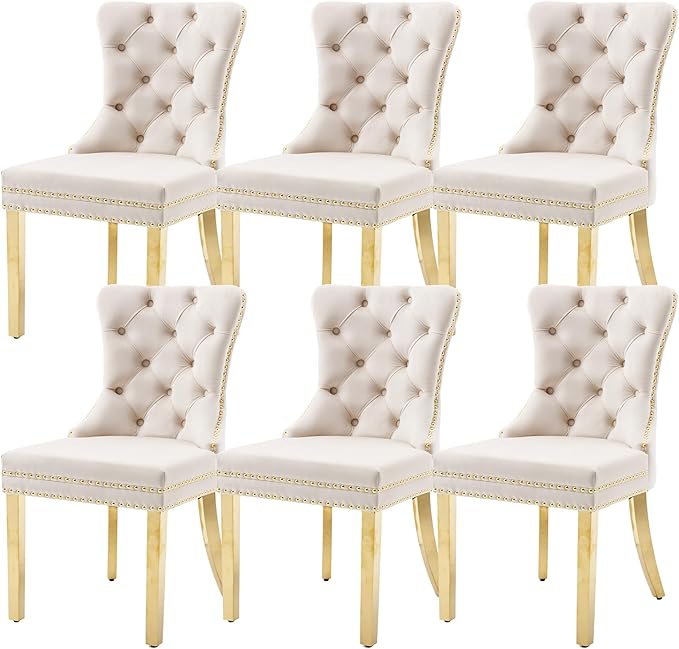 KCC Velvet Dining Chairs Set of 6, Upholstered High-end Tufted Dining Chair with Nailhead Back Ring Pull Trim Stainless Steel Legs, Contemporary Nikki Collection Modern Style for Kitchen, Beige