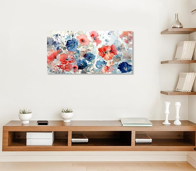 ADJUVANT Wall Art Watercolor Vibrant Floral 48"L x 24"W, Colorful Poppies With Soft Hues Canvas Painting Lively Blooms Artwork Delicate Tones Prints Wall Decor for Living Room Bedroom Bathroom Home Office