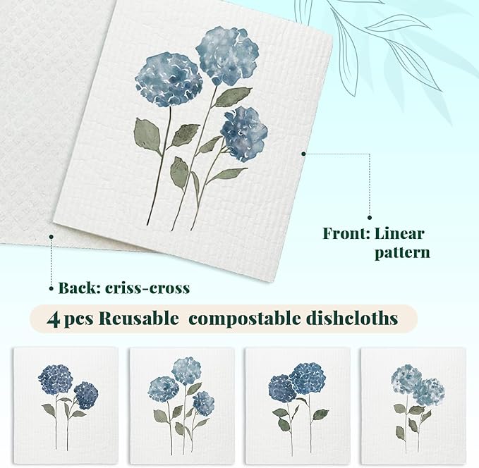 Spring Floral Swedish Dishcloths for Kitchen, Swedish Dish Cleaning Cloths for Flowers, Papaya Reusable Paper Towels, 4 Pack Dish Towels for Kitchen, Reusable Paper Dishcloths Washable