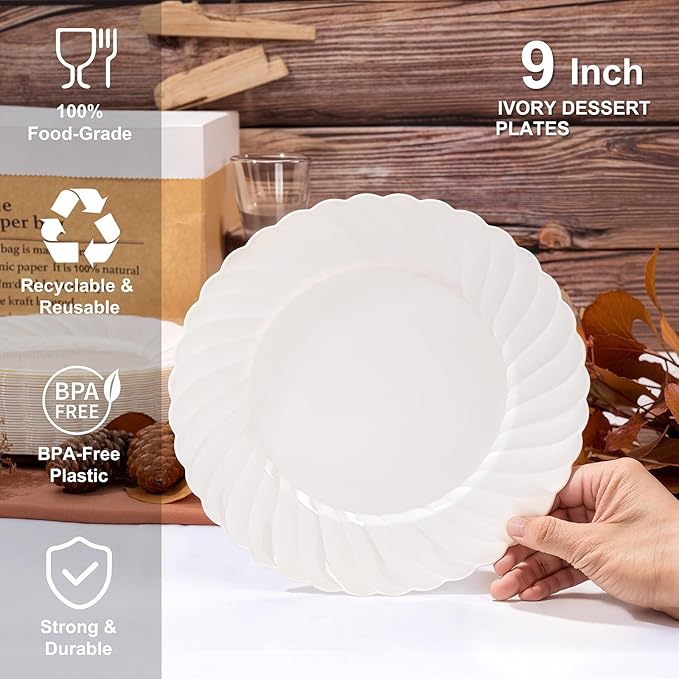 U-QE 100 Count 9 Inch Ivory Plastic Plates for Valentine's Day - Scalloped Disposable Dinner Plates - Premium Hard Fancy Disposable Heavy Duty Party Supplies for Celebrations, and Events