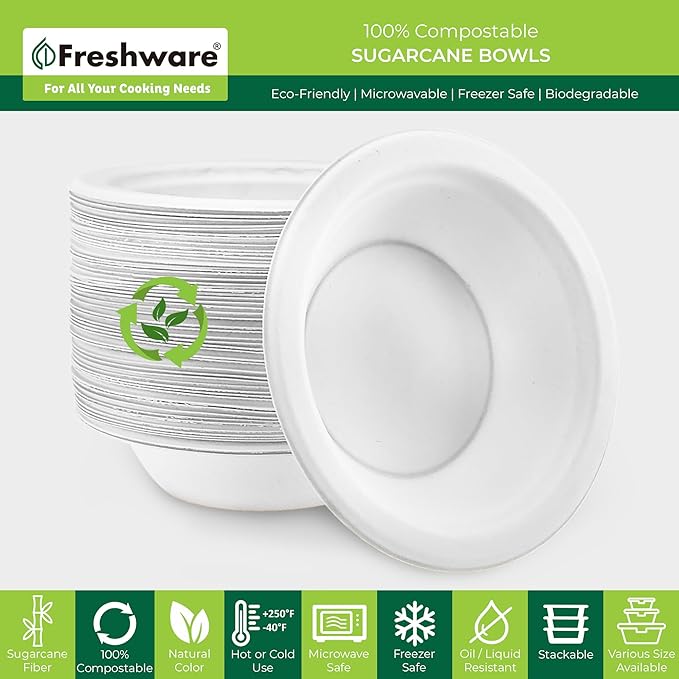 Freshware Paper Bowls - Disposable 16 oz. Soup Bowl, 1000 Pack Biodegradable Sugarcane Fiber Serving Bowls - Heavy Duty Bagasse for Hot Food Plates - Microwave & Freezer Safe, Stackable Dinnerware