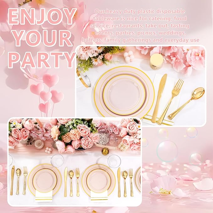 GATHER 350PCS Pink Plastic Plates - Disposable Plastic Dinnerware Set Include 100 Pink Plates, 150 Silverware, 50 Napkins, 50 Cups for Party & Wedding & Valentine's Day