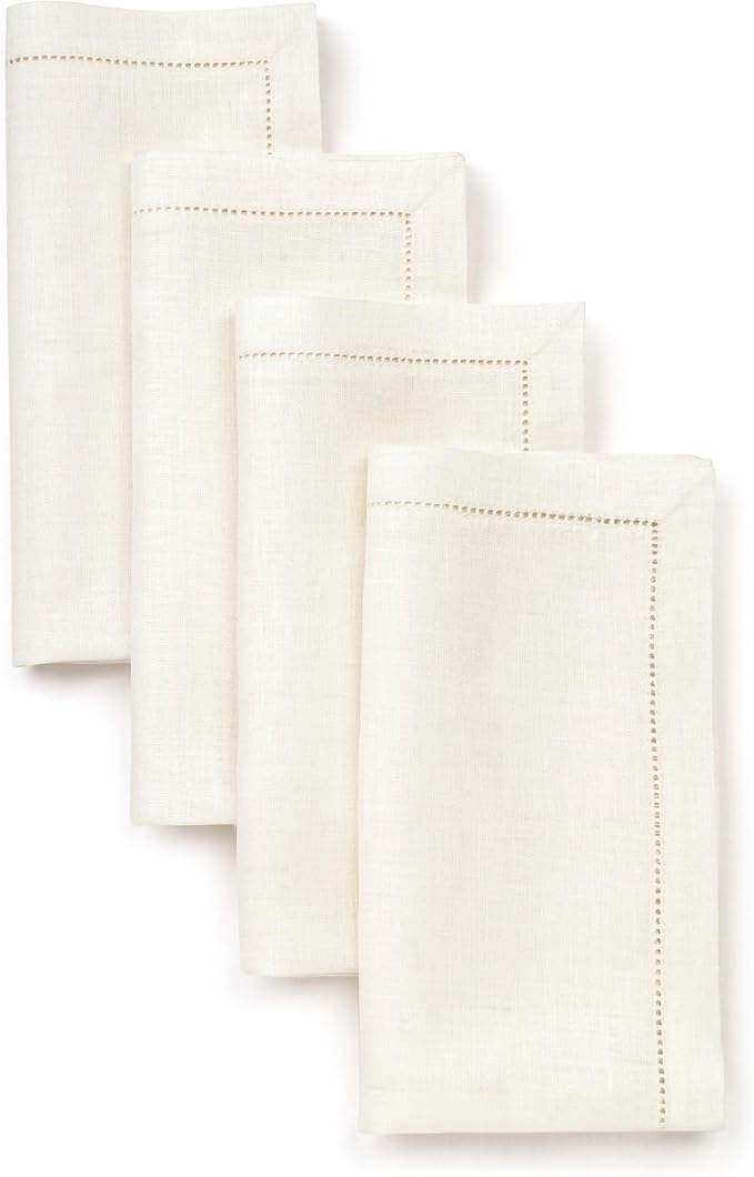 D'Moksha Homes Ivory Linen Napkins Set of 4 - Classic Hemstitch 100% Pure Linen Hemstitch Dinner Napkins 20 x 20 Inch for Valentines, Spring, Easter - Handcrafted and Machine Washable