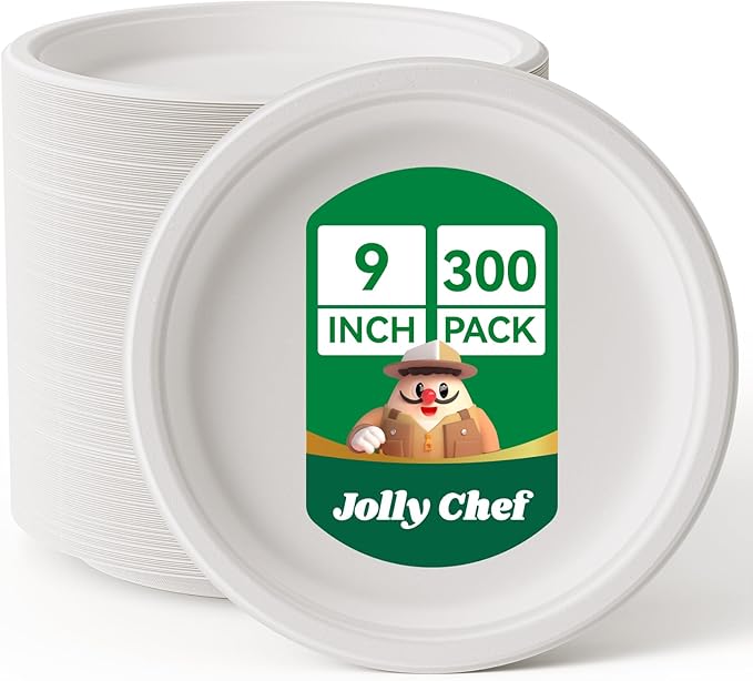 JOLLY CHEF Compostable Heavy Duty Plates 9 Inch [300 Pack] Eco-Friendly Disposable White Paper Plates Bagasse Biodegradable Sugarcane Bulk for Party Dinner Lunch Hot Cold Foods Christmas