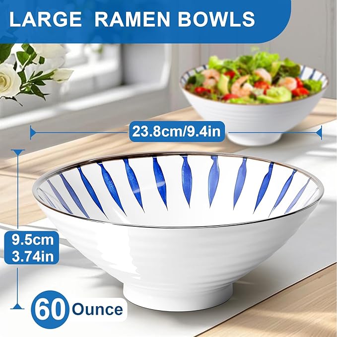 9.4Inch Ceramic Ramen Bowl Set of 4 (17 Piece) - Porcelain Japanese Salad Noodles Cereal Fruit Pasta Soup Large Bowls with Recipes Chopsticks Forks Spoons for Men Women Gift Microwave Dishwasher Safe