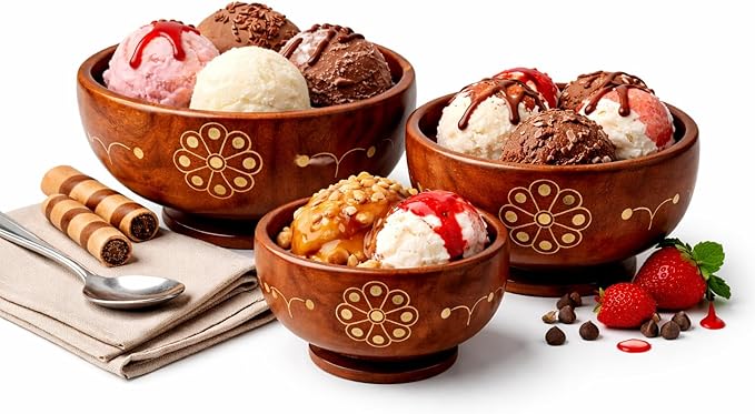 AMERZONE Handcrafted Sheesham Wood Bowl Set | Decorative Brass Inlay | 6, 5, 4 Inch Nested Serving Bowls for Salad, Snacks, Dry Fruits & Ice Cream | Stackable Kitchen Serveware (Set of 3)