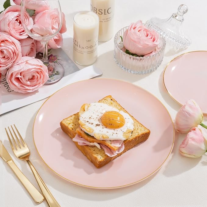 PULOTE 200Pieces Pink Plastic Plates - Premium Hard Pink and Gold Disposable - Include 100PCS 10 inch Dinner & 100PCS 7 inch Dessert Plates, Ideal for Wedding, Party & Valentines Day