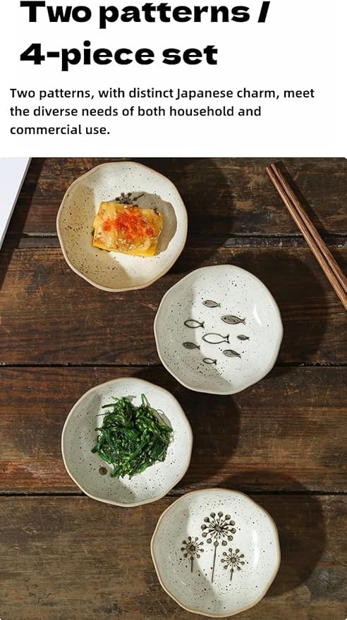4-Pack Small Ceramic Bowls, （3.5in） Mini Dip Bowls with 2 Fish & 2 Sunflower Designs | Thickened Ramekins for Sauce, Snacks, Ice Cream, Charcuterie | Dishwasher & Oven Safe