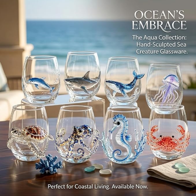 Artisanal Blue Ringed Octopus Glassware, 3D Ocean Glass Wine Glass，Dolphin | - Image 3