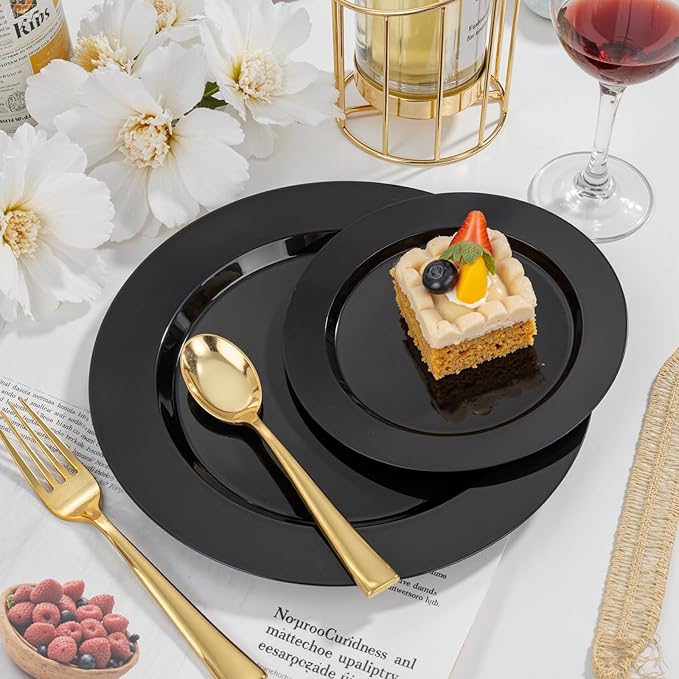 FLOWERCAT 200PCS Black Plastic Disposable Plates for Party - Black Plastic Plates - Serve for 100 Guests for New Year Parties and Birthday Events