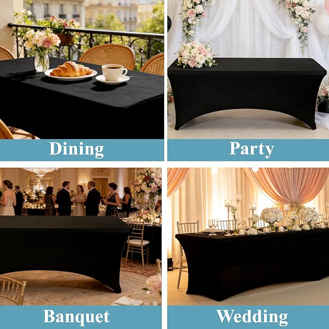 VidaFete Spandex Tablecloth 2 Pack 8FT, Fitted Stretch Table Cover for Rectangle Tables, Wrinkle Resistant and Washable Tablecloths for Outdoor, Picnic, Party, Wedding, Banquet, Birthday, Black