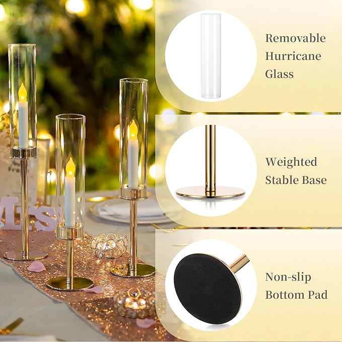 Hewory Gold Candle Holders Hurricane Candlestick Holders, 6Pcs Candle Stick Candle Holder Candelabra, Taper Candle Holders with Glass Candle Cover for Wedding Table Centerpiece Christmas Decor