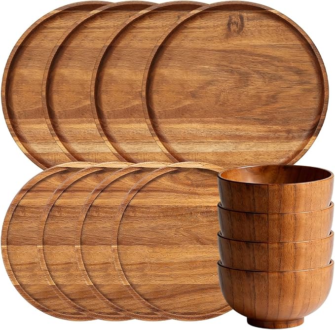 12 Pcs Wood Dinnerware Set, 8 Inch 10 Inch Round Wooden Plates and wooden bowl by Quaocens