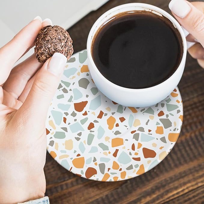 Terrazzo Ceramic Coasters with Holder Set of 6, Modern Art Absorbent Drink Cup Mat for Coffee Table Protection, 4 Inches Minimalist Artistic Home Kitchen Decor Housewarming Gifts