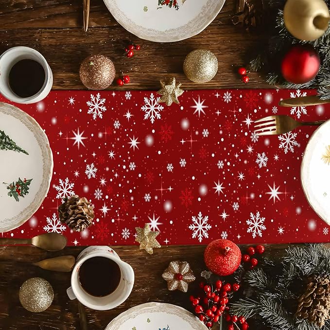 Red Christmas Table Runner 60 Inches Long, Xmas Tree Balls Snowflake Table - Image 4