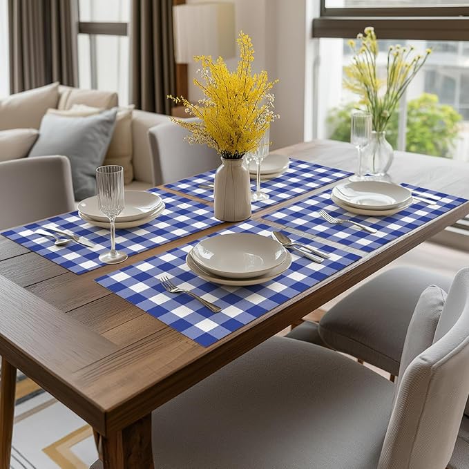 Artoid Mode Buffalo Plaid Vinyl Placemats Set of 4, 12x18 Inch Washable Non-Slip Heat Resistant Plastic Place Mats for Party Dining Table, Naxy Blue/White