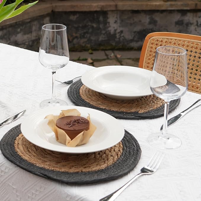 ANDSTAR Round Woven Placemats Set of 6, 12"x12", Natural Wicker Placemats, Water Hyacinth Straw Braided Placemats,Boho Place Mats for Farmhouse, Rustic Table (Water Hyacinth + Black Cotton Rope)