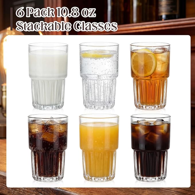 6 Pack 11 oz Drinking Glasses Stackable Iced Latte Coffee Cup, Beer Cocktail - Image 2