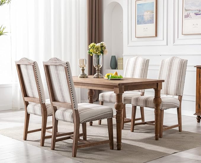 CIMOTA Mid Century Modern Dining Chairs Set of 6, Farmhouse Upholstered Dining Room Chairs Comfortable Kitchen Side Chairs with High Back/Natural Solid Wood Frame, Linen Brown/Beige Stripe