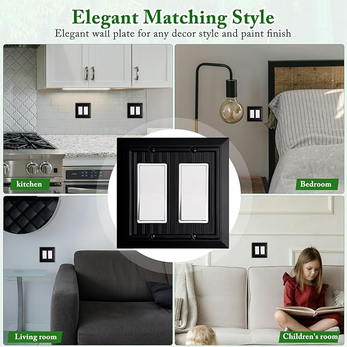 Beadboard Outlet Covers Wall Plates, Bamboo Fiber Light Switch Covers, Natural Material Electric Receptacle Decorative Switch Plate Outlet Cover Matte Black (2 Gang Decorator 2 Pack)
